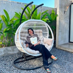 Hanging Chair Type 01 Custom 2 Seatter - WHITE RATTAN SYNTHETIC - FABRIC NK 06
