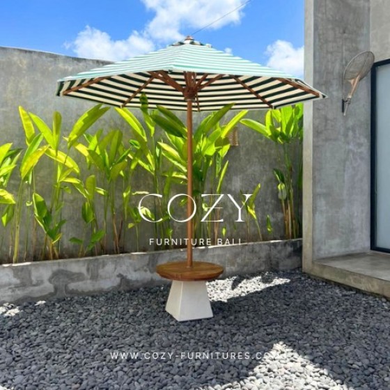 Umbrella Diameter 250cm POLYSTER sunproof fabric (Stripped Green and White ) + Wood Table