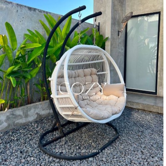 Hanging Chair Type 01 Custom 2 Seatter - WHITE RATTAN SYNTHETIC - FABRIC NK 06